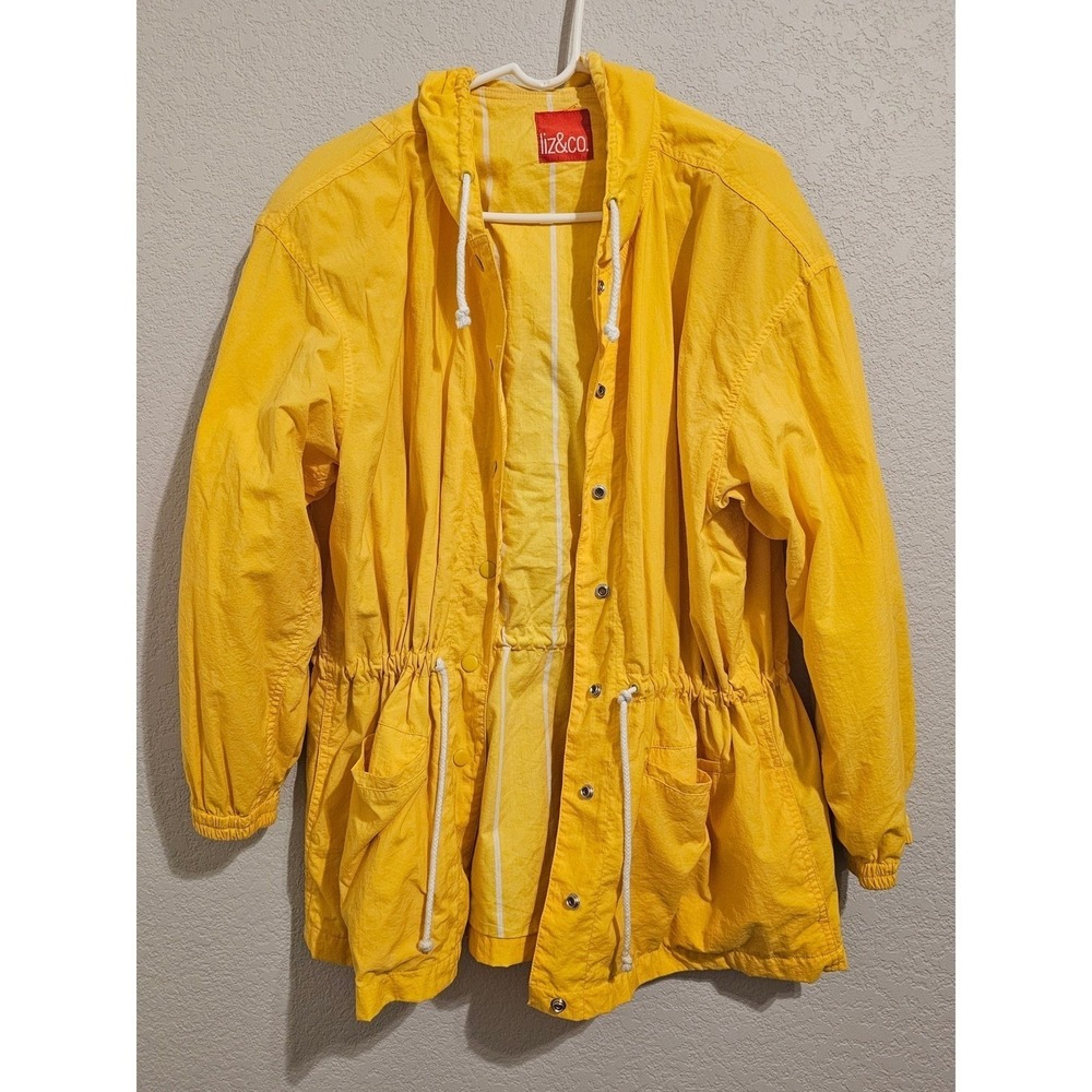 Vintage Artsy Indie Yellow Hooded Windbreaker Jacket Snap Drawstring Waist M/L